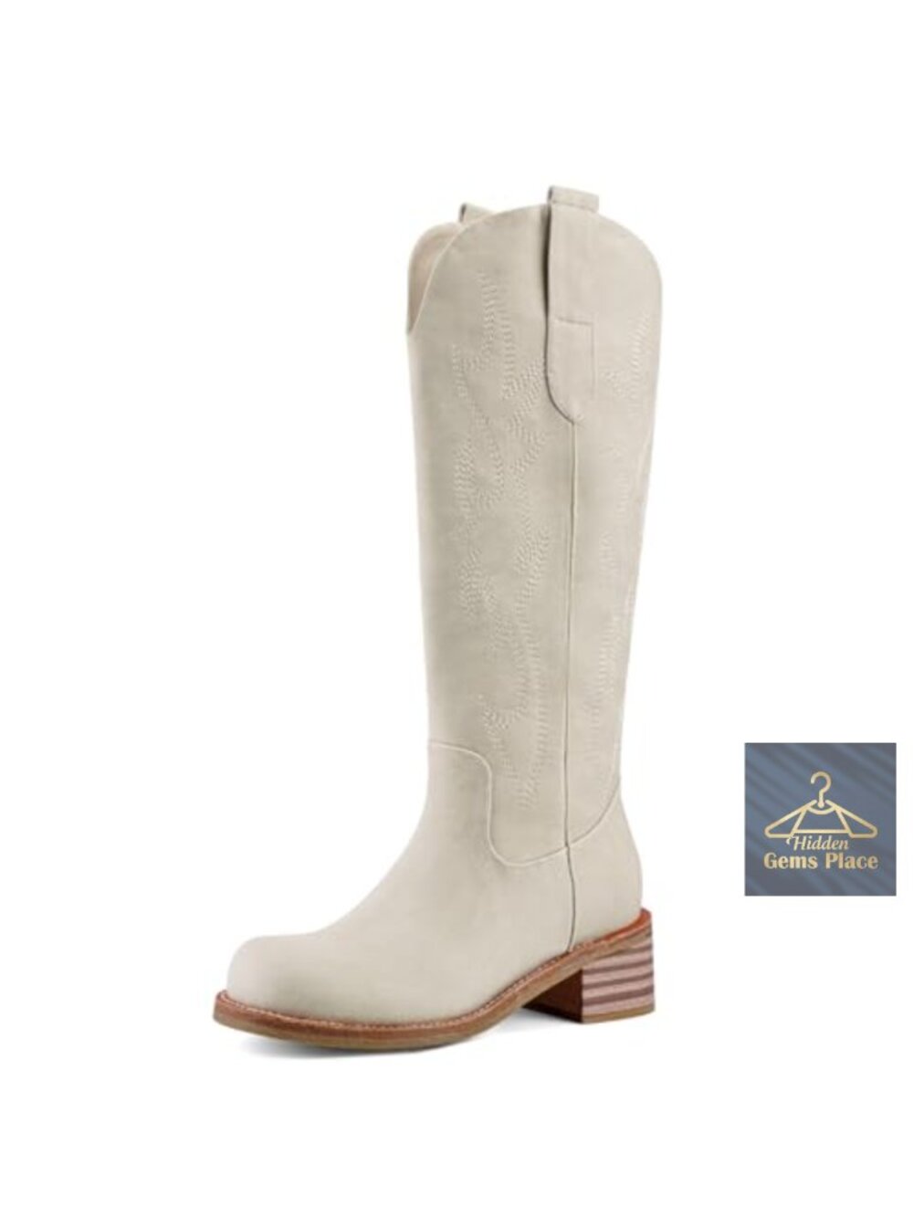 Women's Embroidery Wide Calf Knee-High Cowboy Boots Square Toe Chunky Block